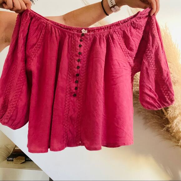 FOREVER 21 F21 Pink Crochet Off Shoulder Boxy Oversized Crop Top Shirt Blouse M - Picture 4 of 6